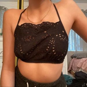 Black Eyelet Lace Cropped Tie Top